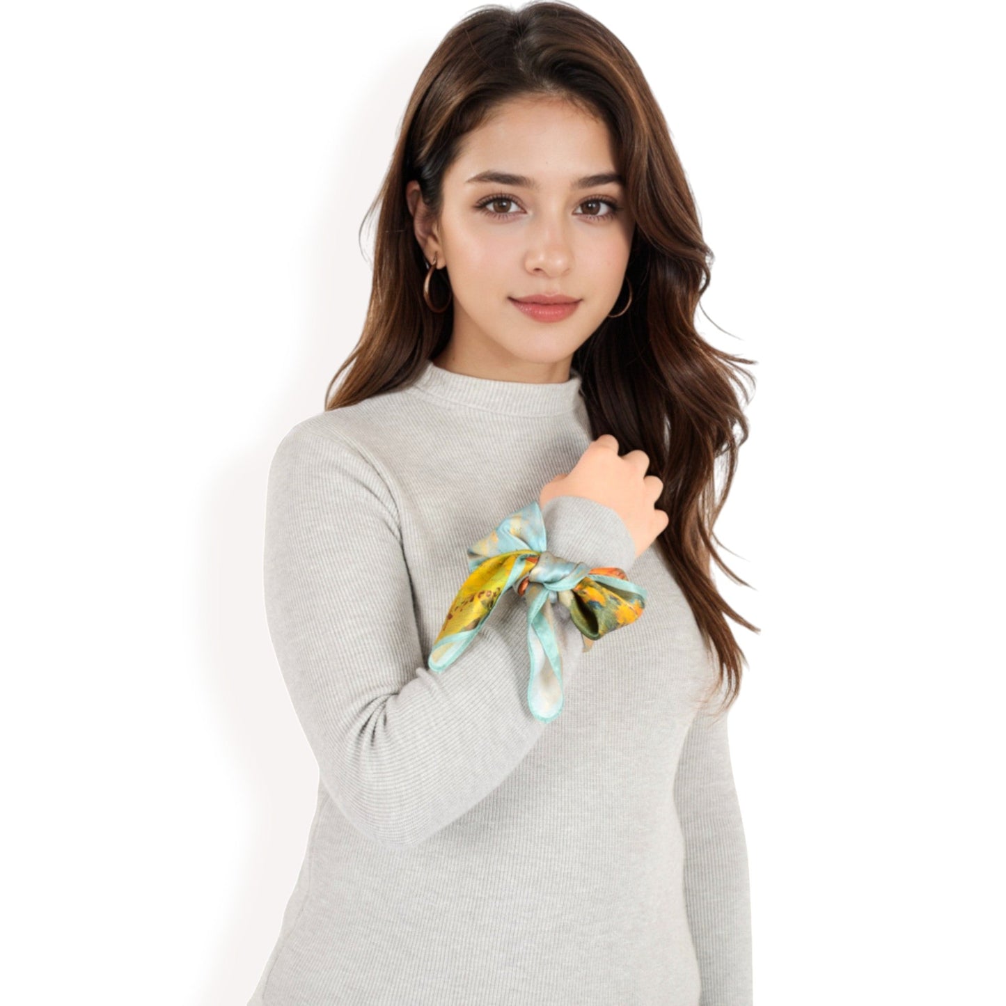 Elegant Floral, Abstract, and Chain Print Silk Square Scarves with Bold Patterns and Luxurious Satin Finish