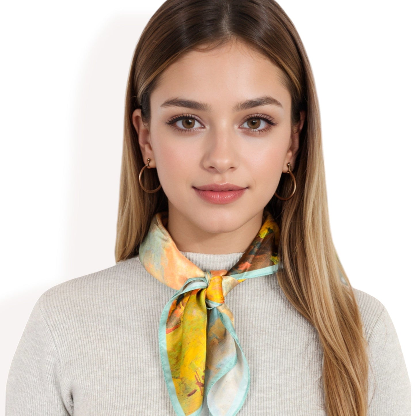 Elegant Floral, Abstract, and Chain Print Silk Square Scarves with Bold Patterns and Luxurious Satin Finish