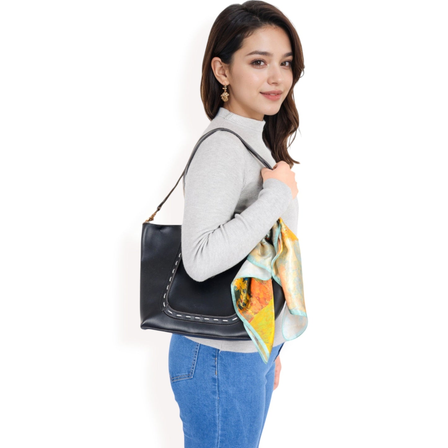 Elegant Floral, Abstract, and Chain Print Silk Square Scarves with Bold Patterns and Luxurious Satin Finish