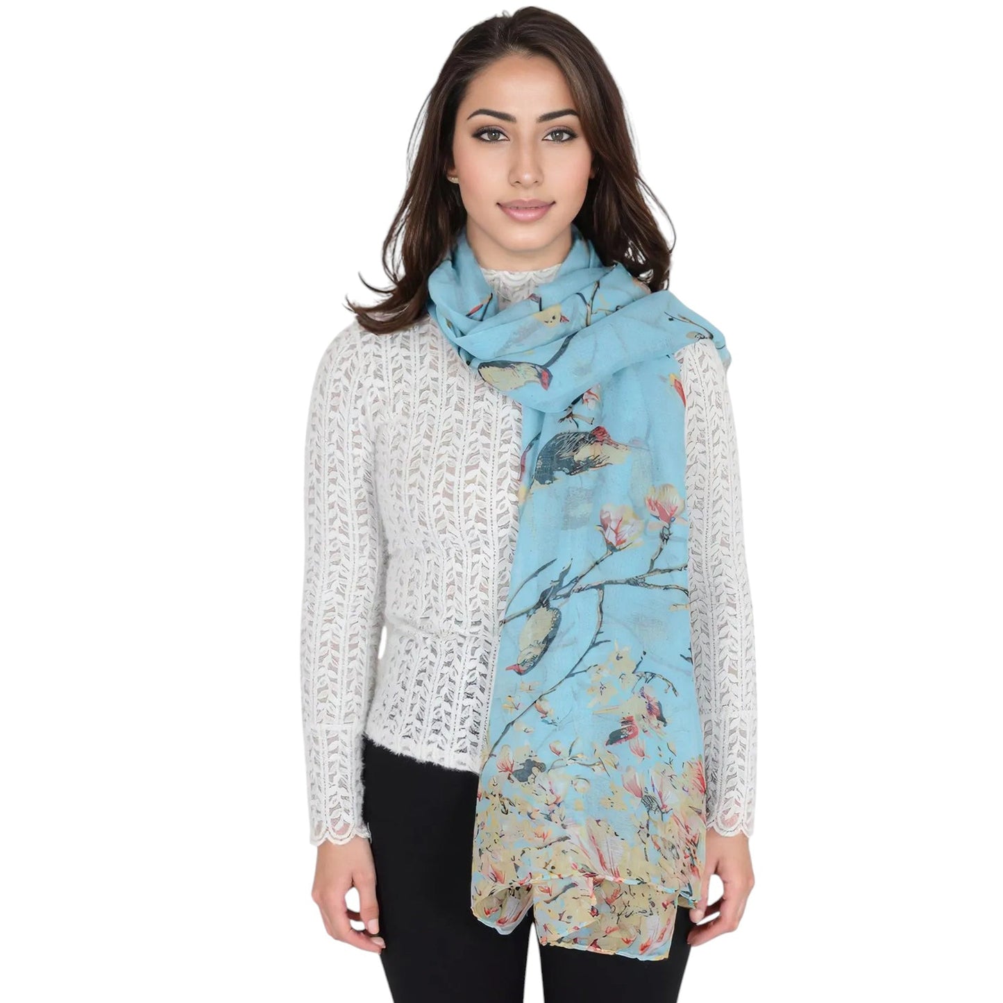 Lightweight Floral Birds Print Scarf Cotton Linen Shawls Wrap Scarves