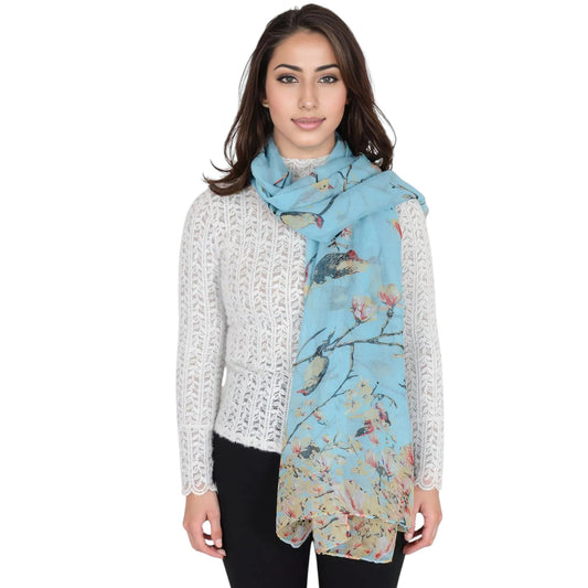 Lightweight Floral Birds Print Scarf Cotton Linen Shawls Wrap Scarves