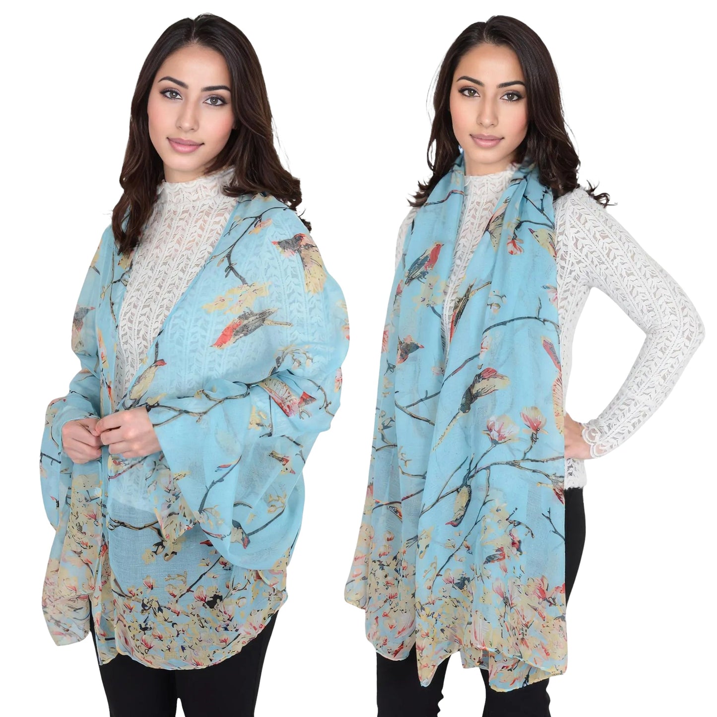 Lightweight Floral Birds Print Scarf Cotton Linen Shawls Wrap Scarves