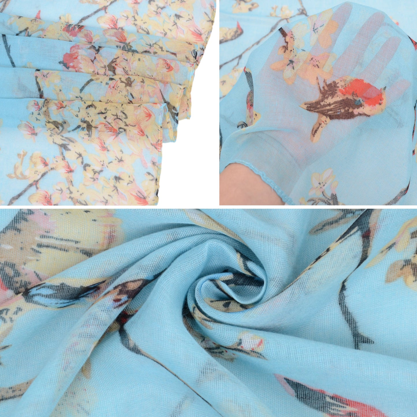 Lightweight Floral Birds Print Scarf Cotton Linen Shawls Wrap Scarves