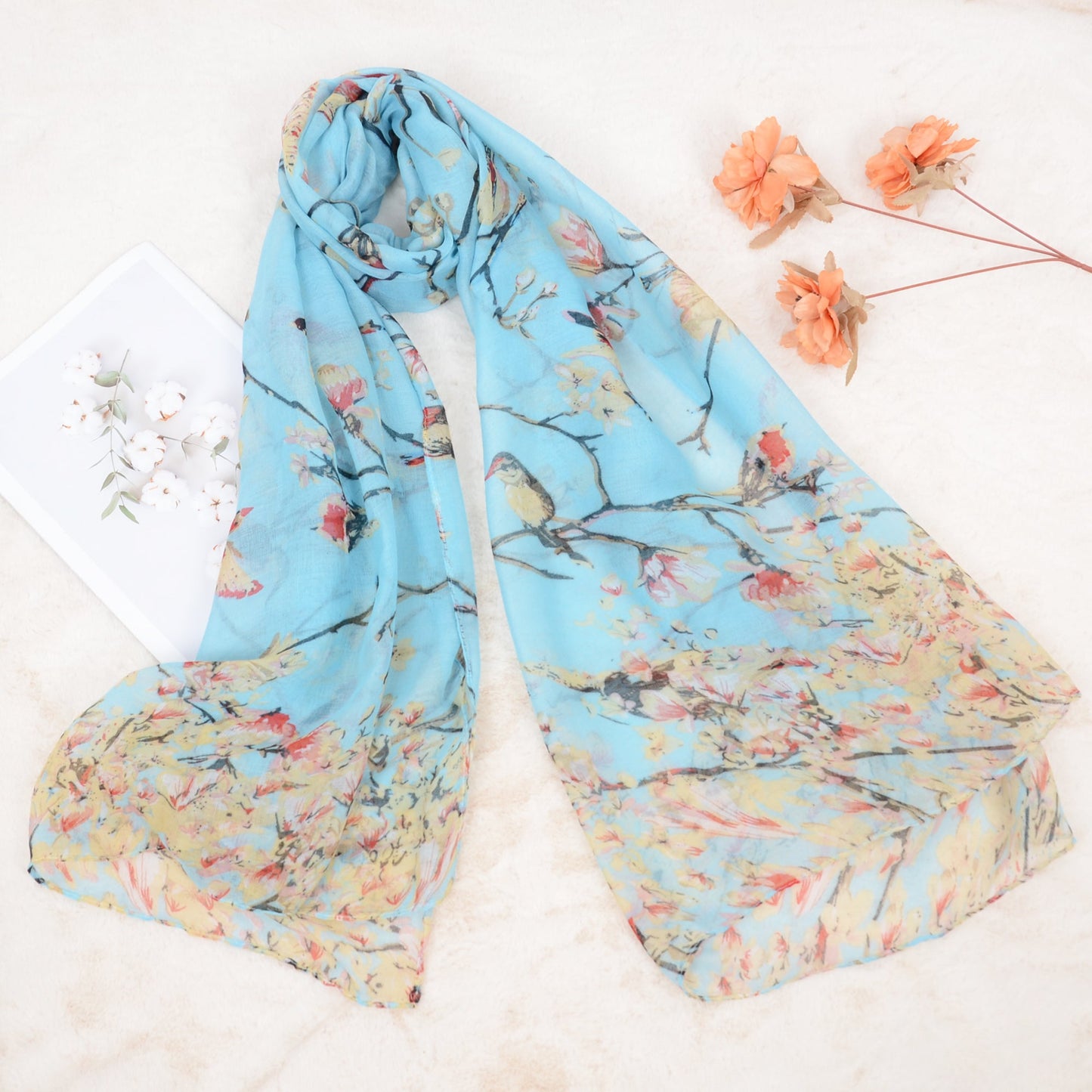Lightweight Floral Birds Print Scarf Cotton Linen Shawls Wrap Scarves
