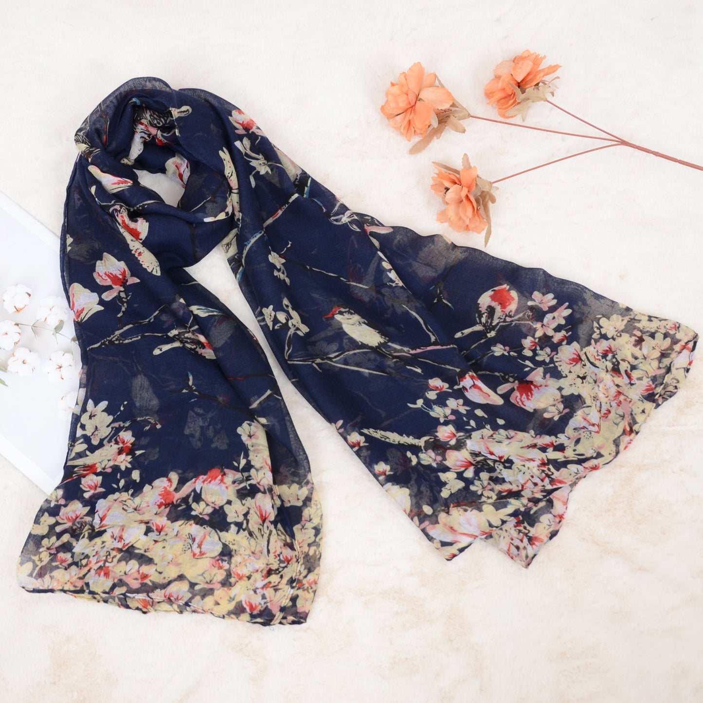 Lightweight Floral Birds Print Scarf Cotton Linen Shawls Wrap Scarves