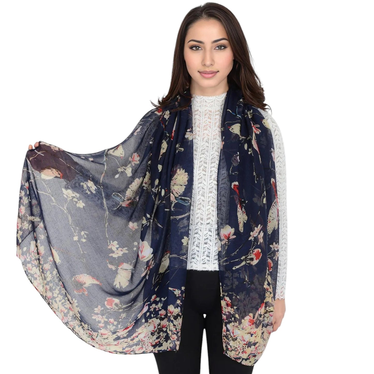 Lightweight Floral Birds Print Scarf Cotton Linen Shawls Wrap Scarves