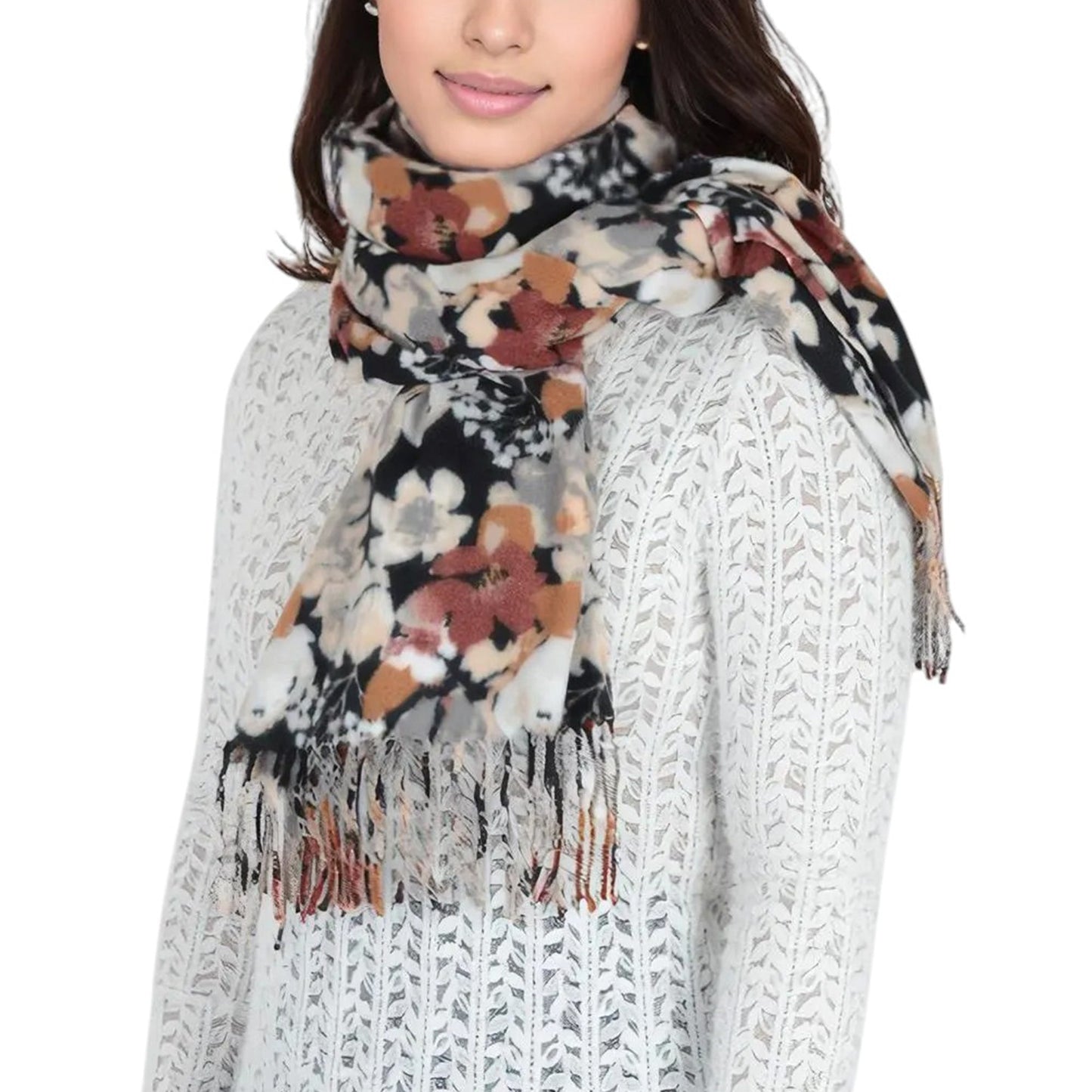 Winter Cashmere Feel Scarf Floral Printed Classic Fringe Shawls Wrap Scarves