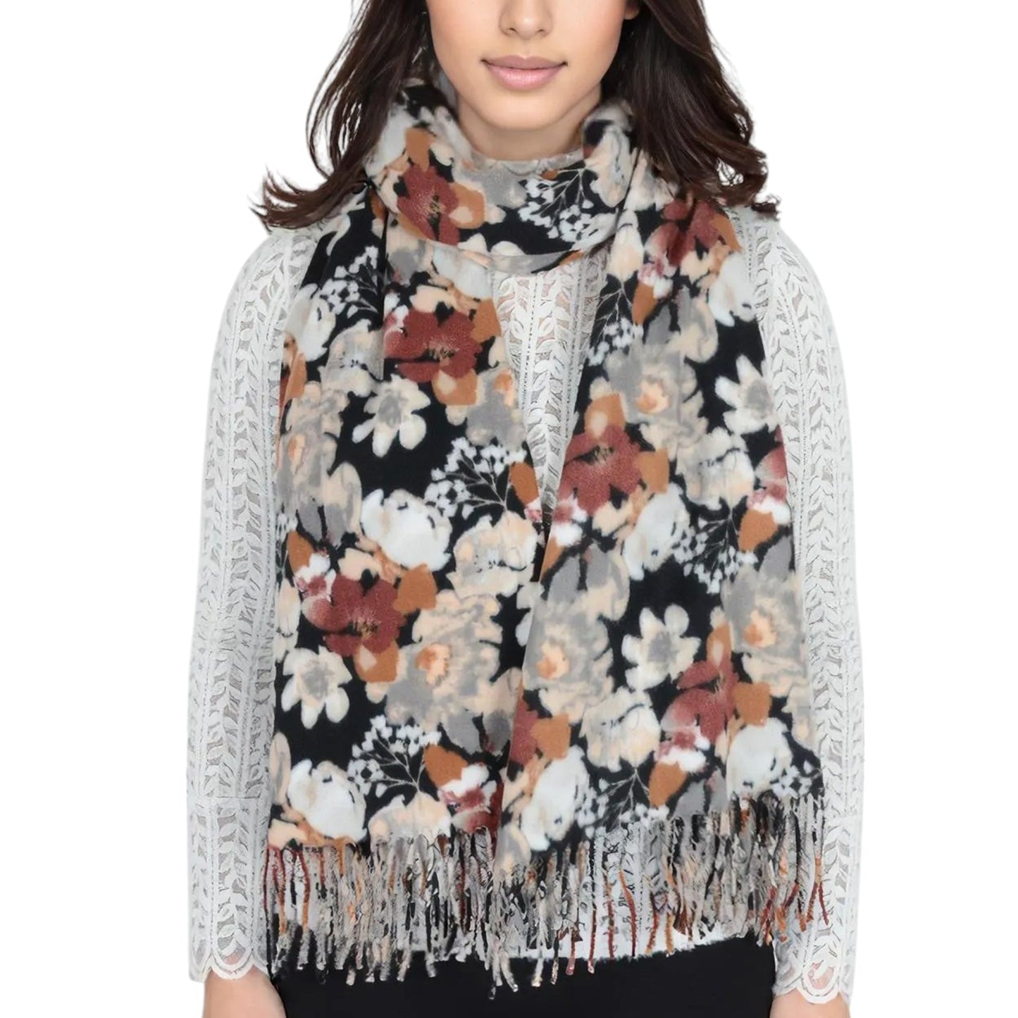 Winter Cashmere Feel Scarf Floral Printed Classic Fringe Shawls Wrap Scarves