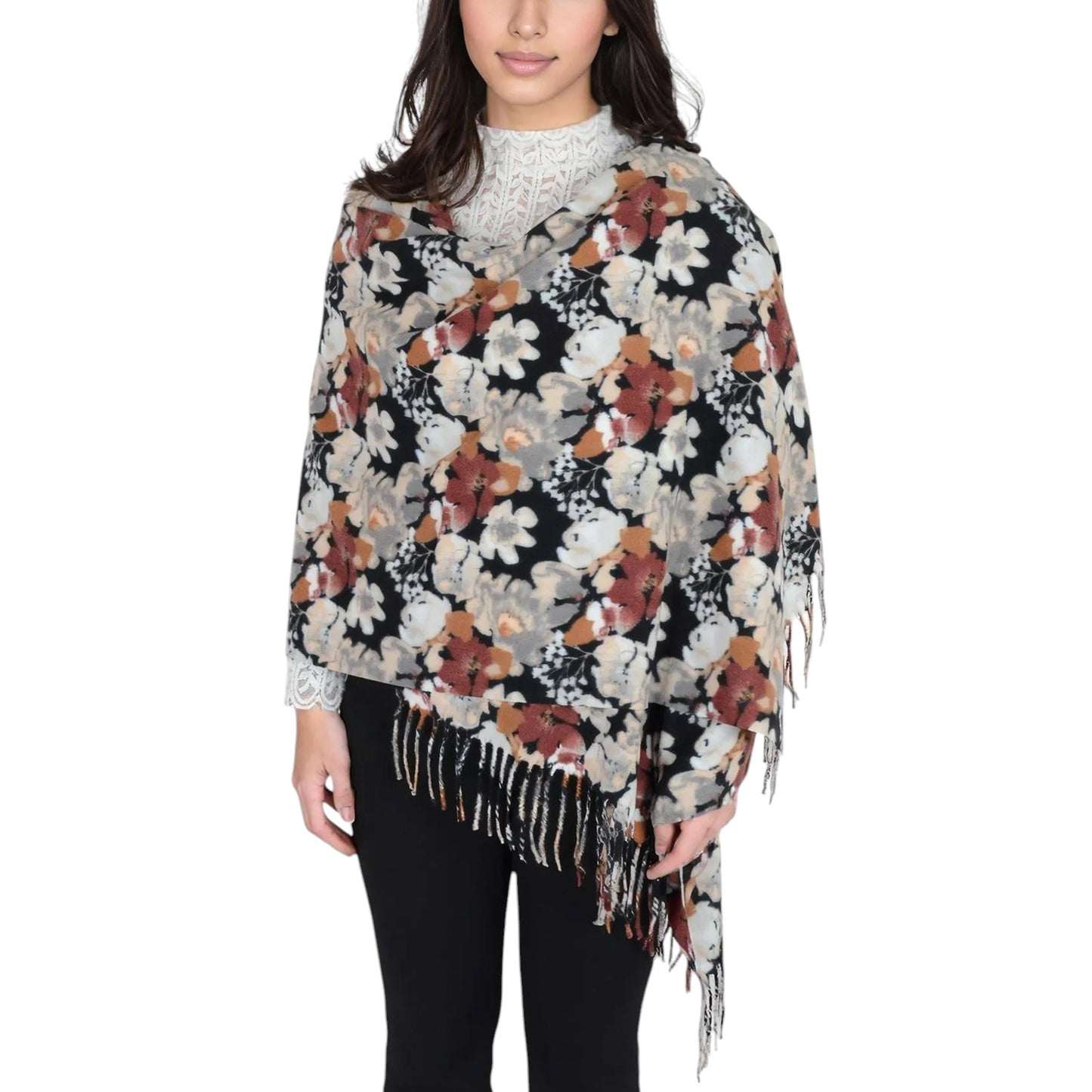 Winter Cashmere Feel Scarf Floral Printed Classic Fringe Shawls Wrap Scarves