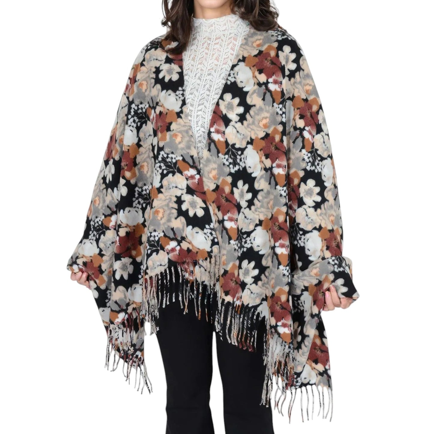 Winter Cashmere Feel Scarf Floral Printed Classic Fringe Shawls Wrap Scarves