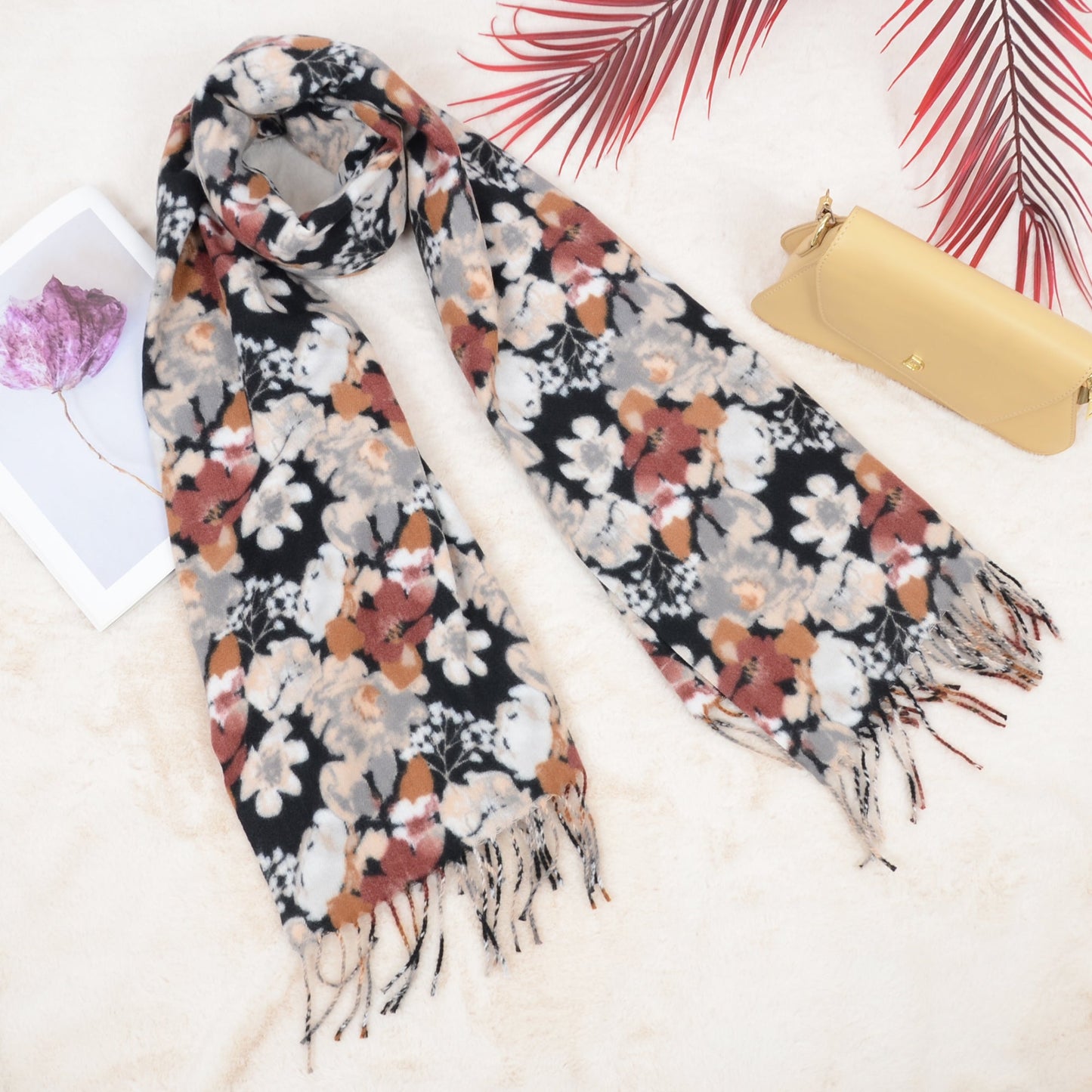 Winter Cashmere Feel Scarf Floral Printed Classic Fringe Shawls Wrap Scarves