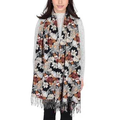 Winter Cashmere Feel Scarf Floral Printed Classic Fringe Shawls Wrap Scarves