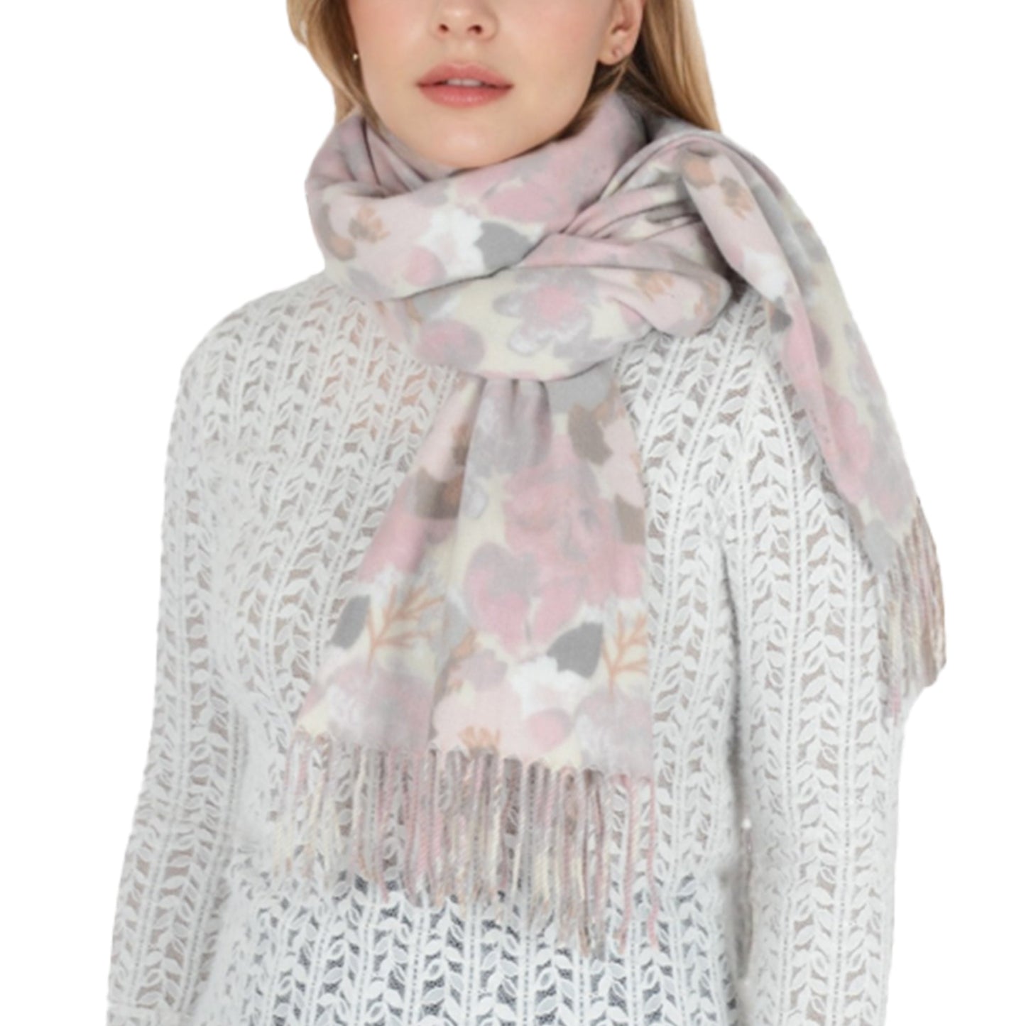 Winter Cashmere Feel Scarf Floral Printed Classic Fringe Shawls Wrap Scarves