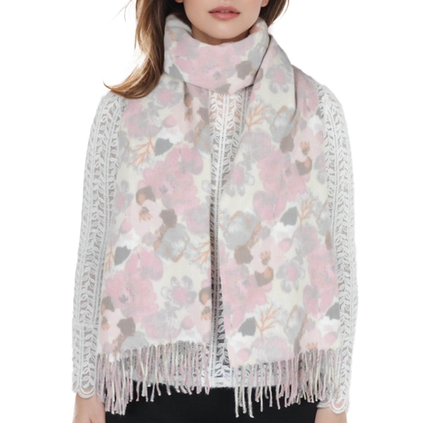 Winter Cashmere Feel Scarf Floral Printed Classic Fringe Shawls Wrap Scarves