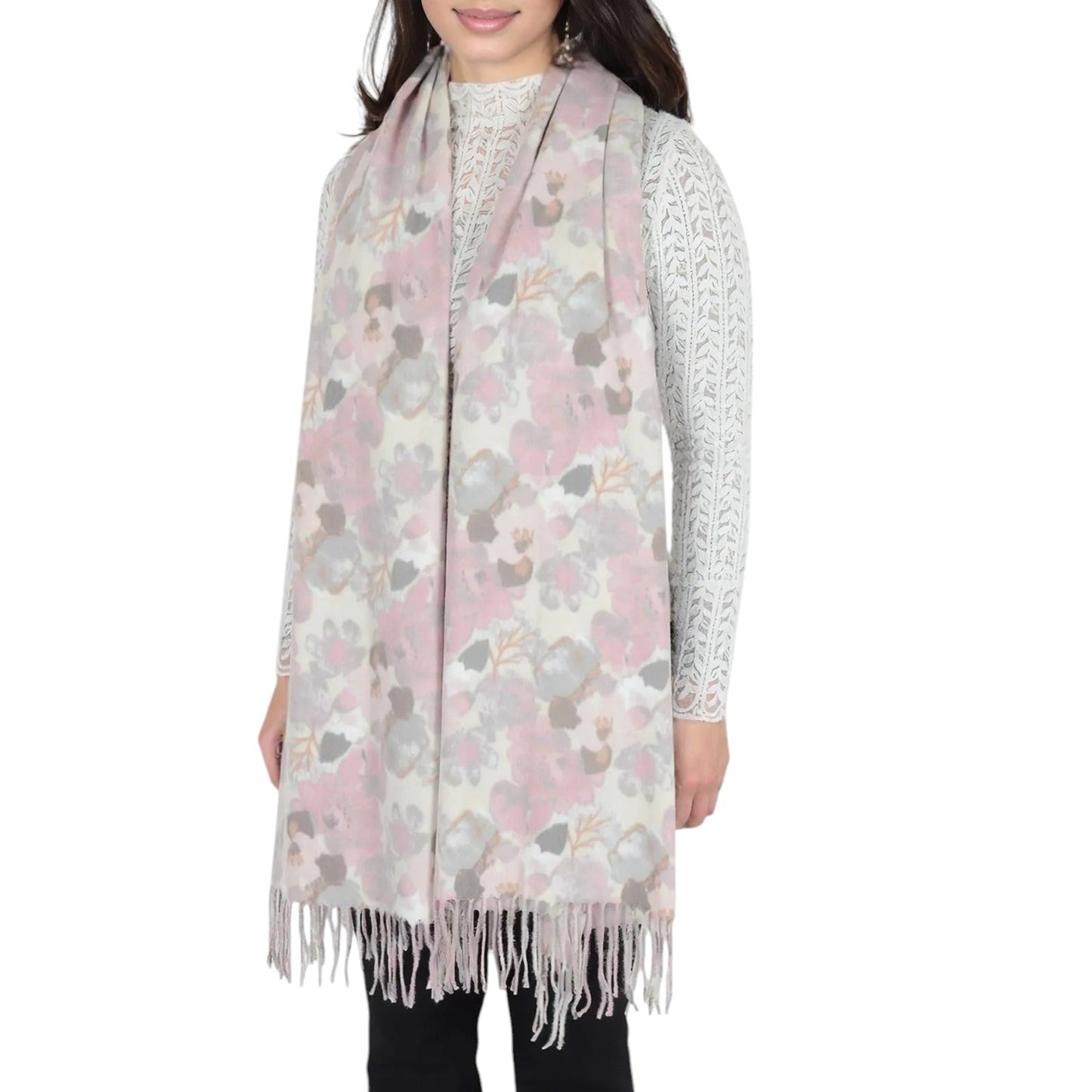 Winter Cashmere Feel Scarf Floral Printed Classic Fringe Shawls Wrap Scarves