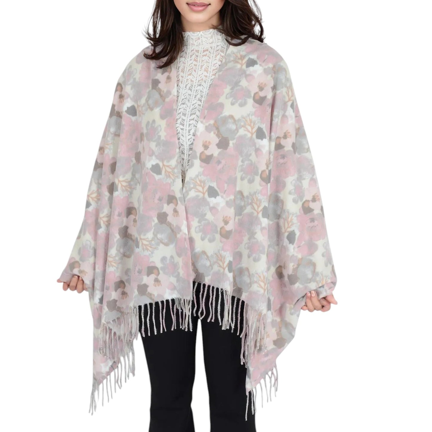 Winter Cashmere Feel Scarf Floral Printed Classic Fringe Shawls Wrap Scarves