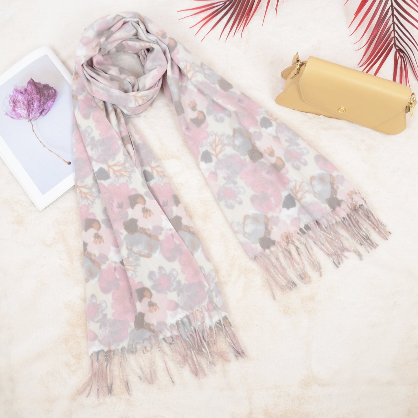 Winter Cashmere Feel Scarf Floral Printed Classic Fringe Shawls Wrap Scarves