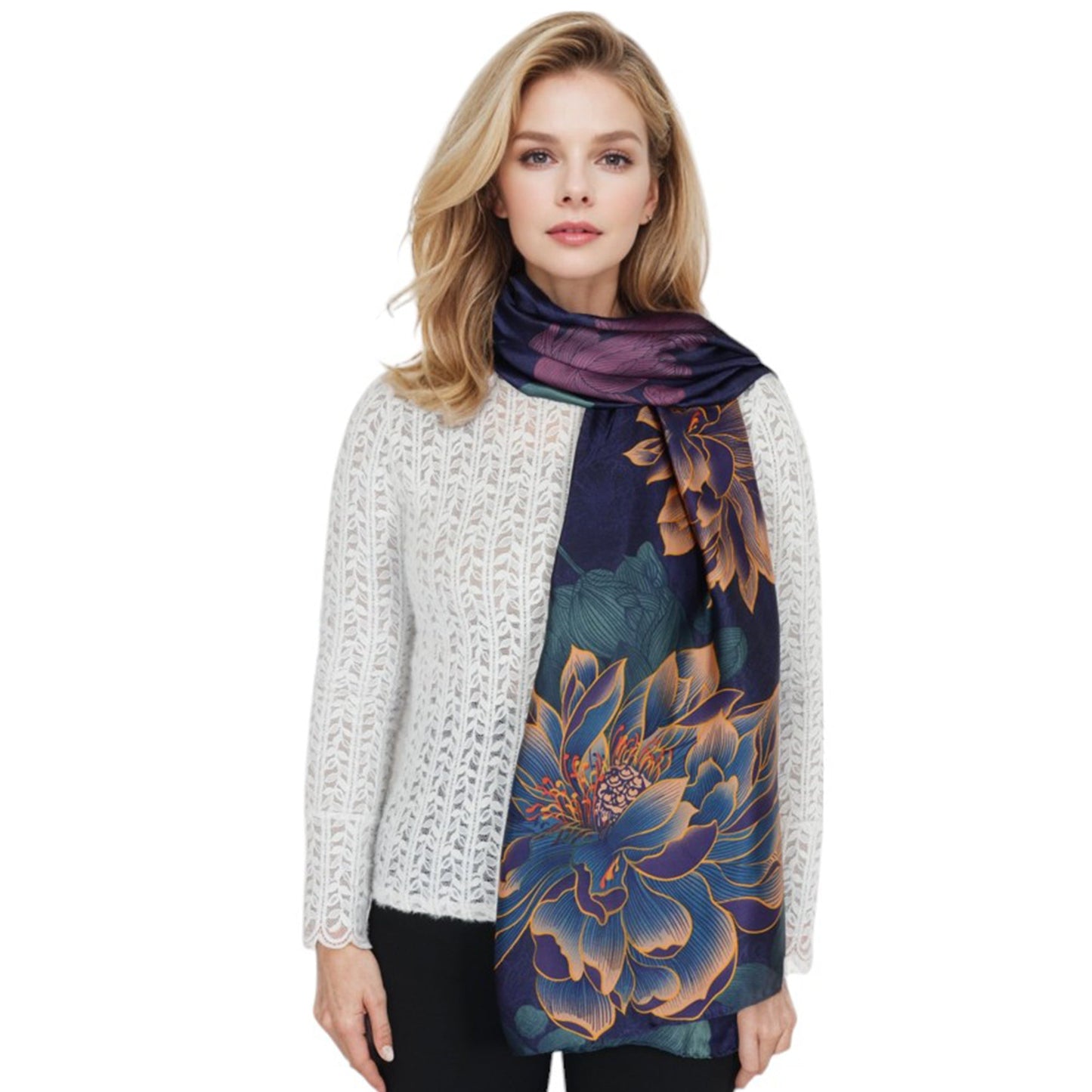 Luxury Floral Pattern Satin Scarf Lightweight Silky Wrap Shawl Scarves for Evening Dresses