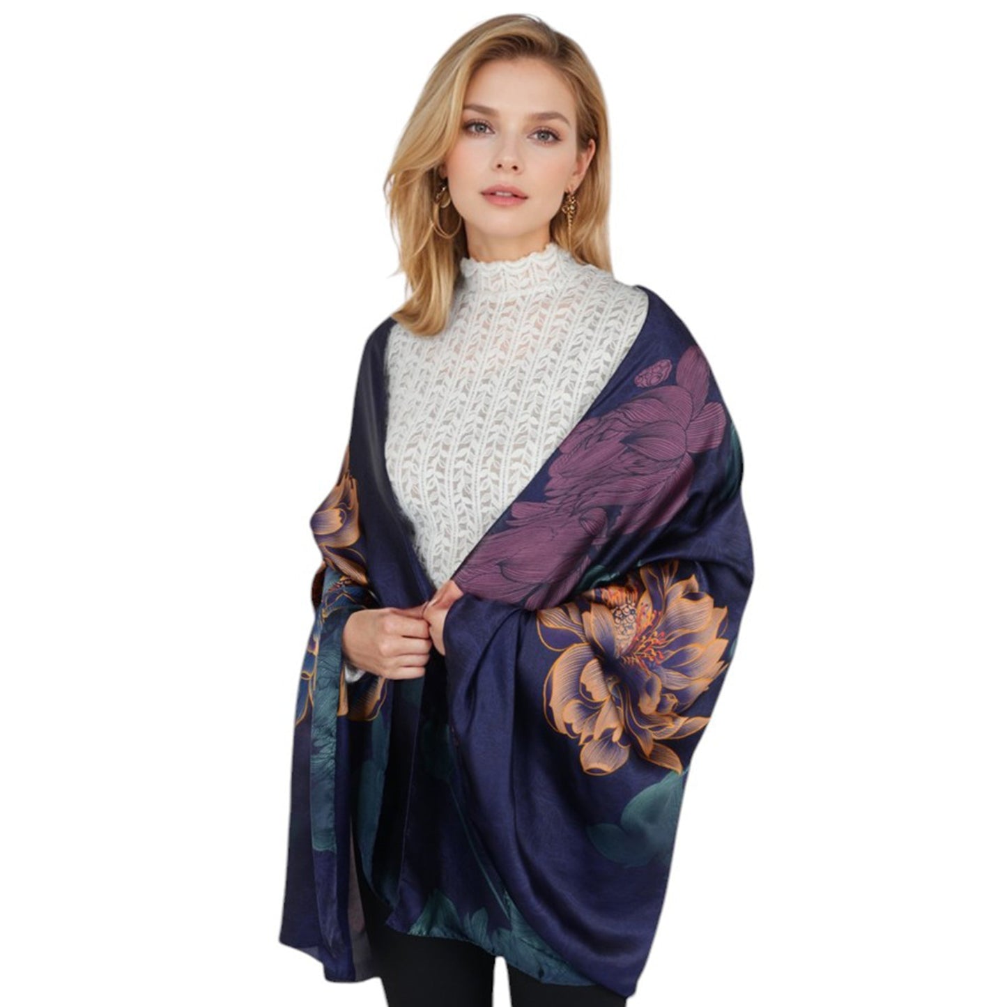Luxury Floral Pattern Satin Scarf Lightweight Silky Wrap Shawl Scarves for Evening Dresses