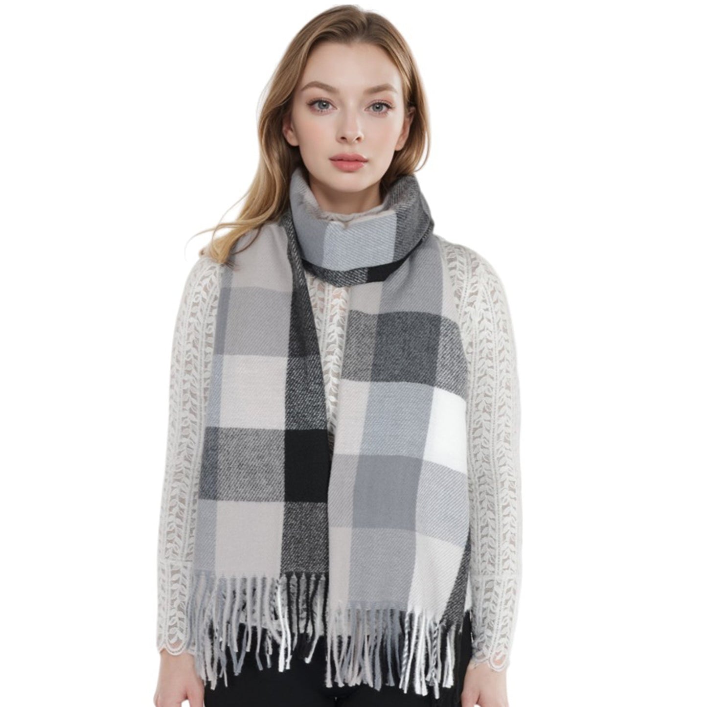 Classic Plaid Fringe Scarf Soft Cashmere Feel Winter Checked Wrap Shawls
