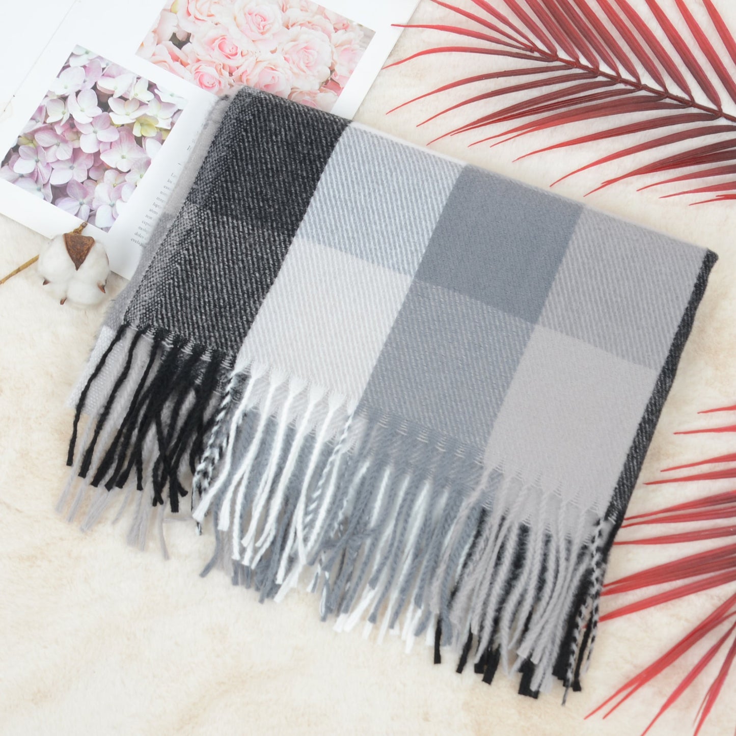 Classic Plaid Fringe Scarf Soft Cashmere Feel Winter Checked Wrap Shawls