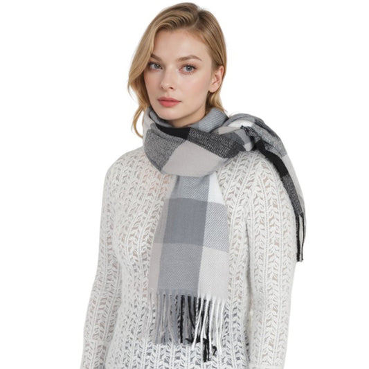 Classic Plaid Fringe Scarf Soft Cashmere Feel Winter Checked Wrap Shawls
