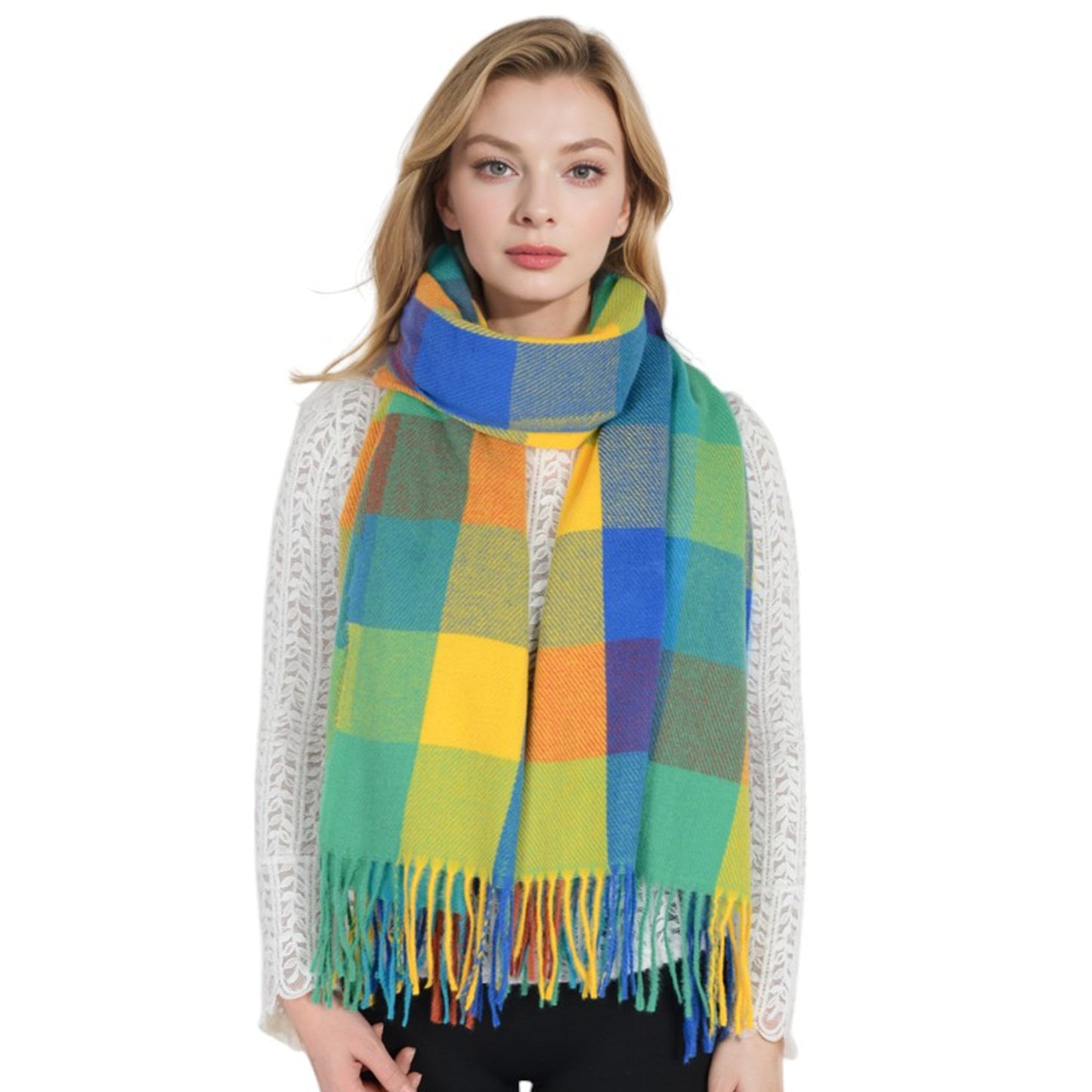Classic Plaid Fringe Scarf Soft Cashmere Feel Winter Checked Wrap Shawls