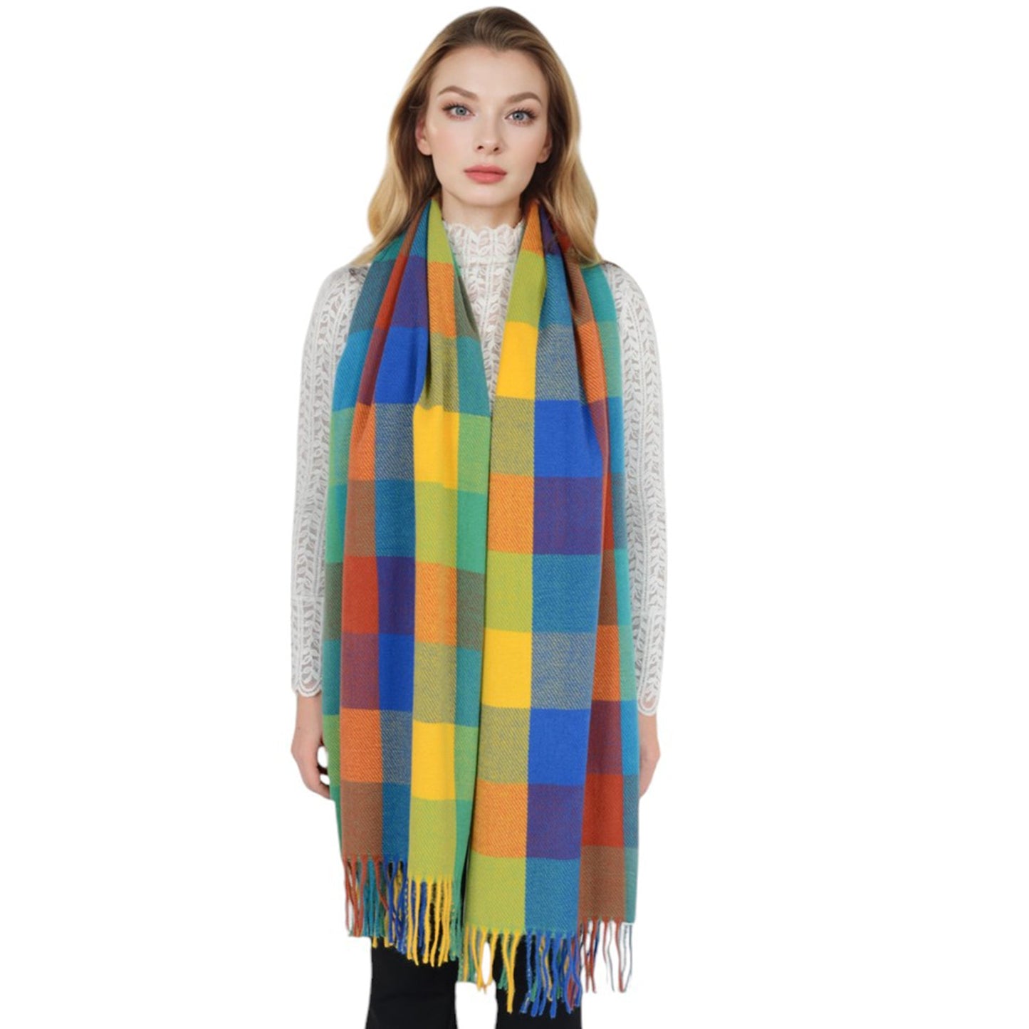 Classic Plaid Fringe Scarf Soft Cashmere Feel Winter Checked Wrap Shawls