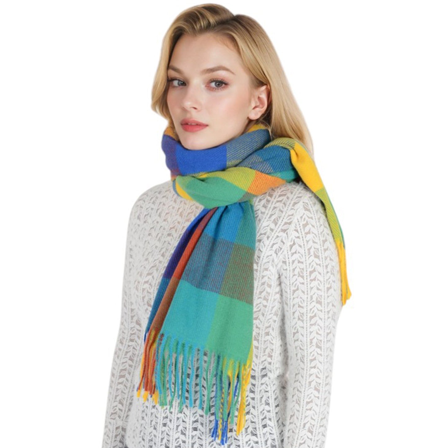 Classic Plaid Fringe Scarf Soft Cashmere Feel Winter Checked Wrap Shawls