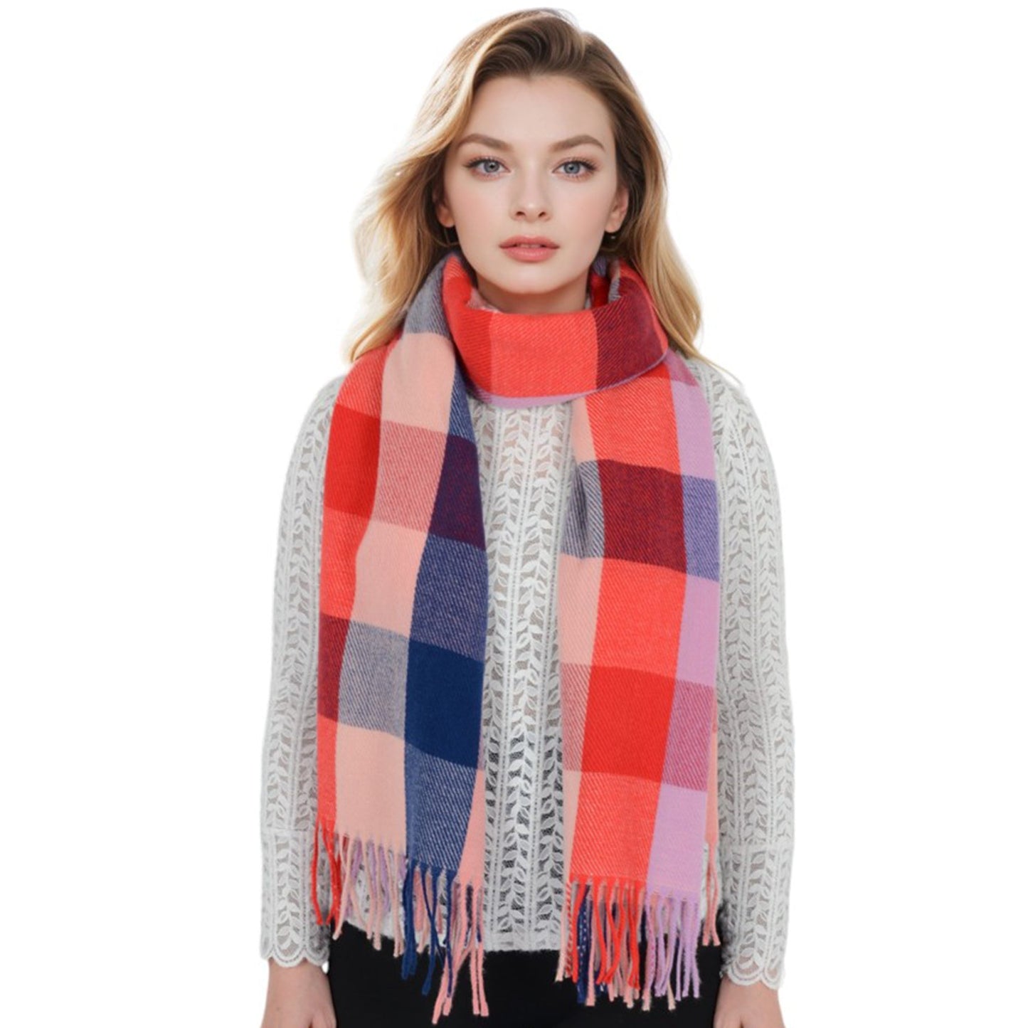 Classic Plaid Fringe Scarf Soft Cashmere Feel Winter Checked Wrap Shawls