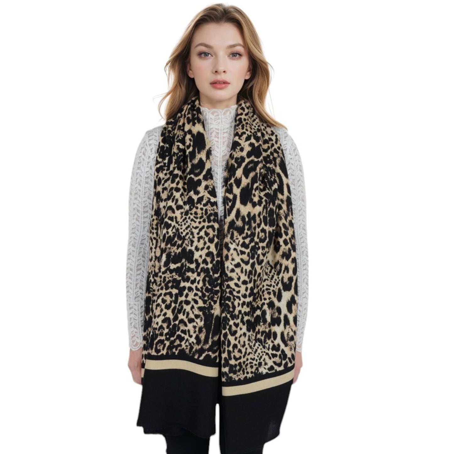 Classic Leopard Print Scarf Contrasting Stripes Lightweight Shawl Wrap Scarves