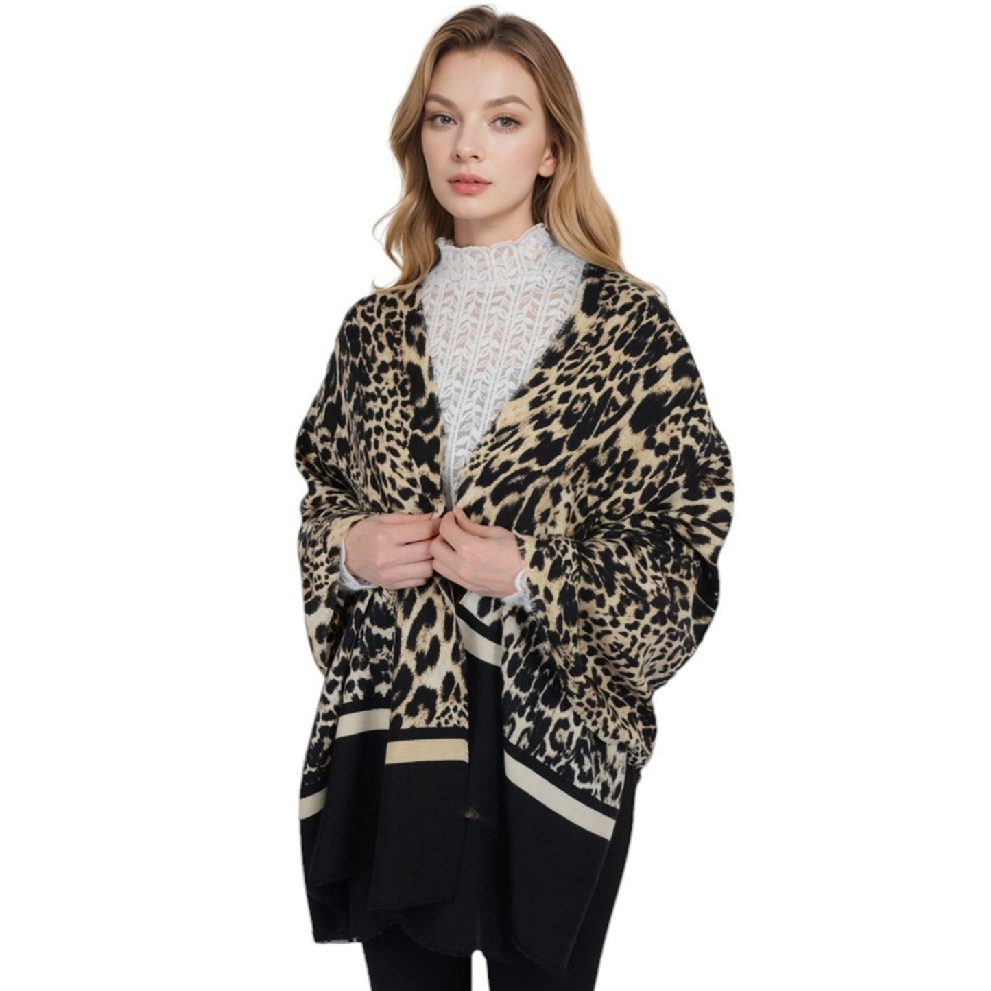 Classic Leopard Print Scarf Contrasting Stripes Lightweight Shawl Wrap Scarves