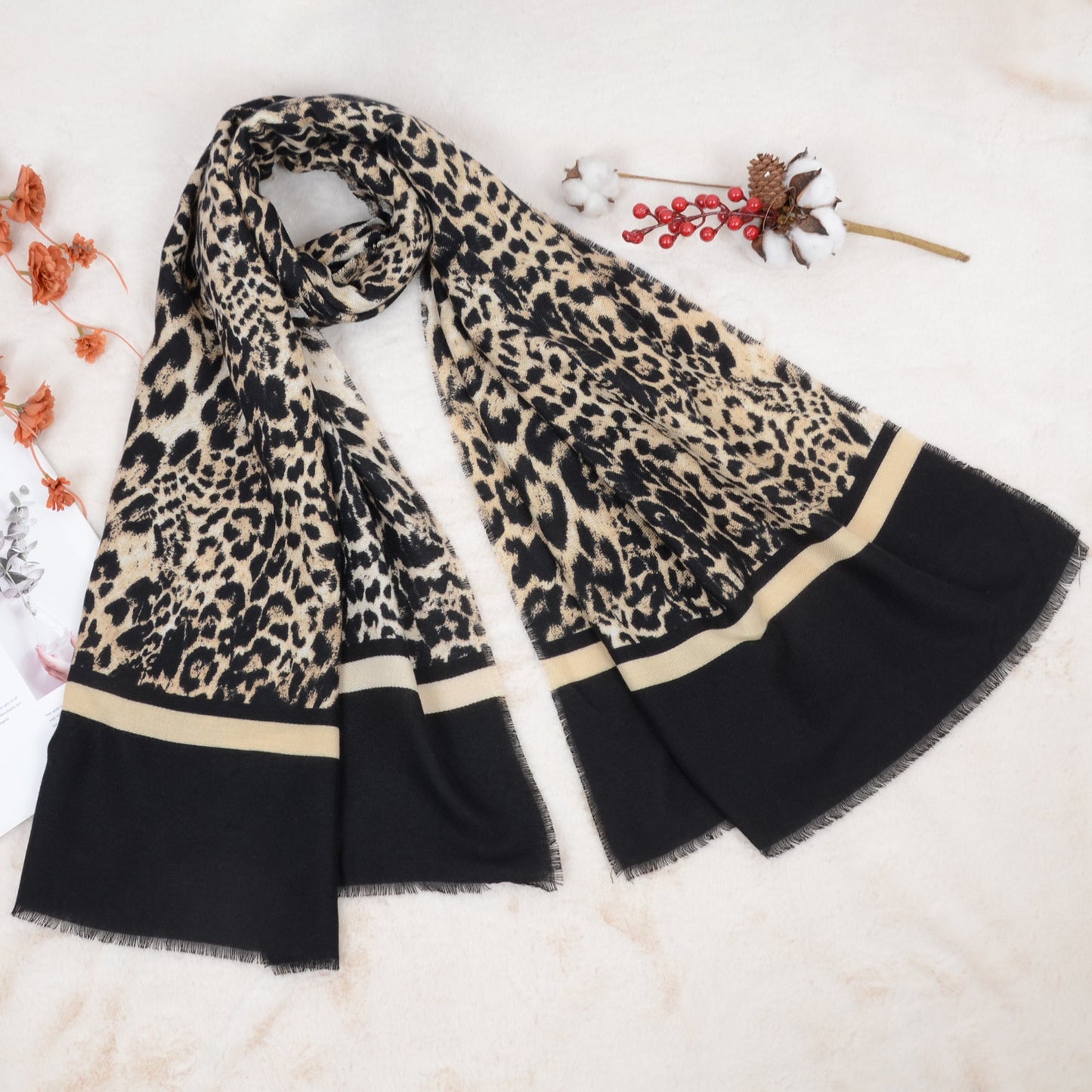 Classic Leopard Print Scarf Contrasting Stripes Lightweight Shawl Wrap Scarves