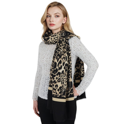 Classic Leopard Print Scarf Contrasting Stripes Lightweight Shawl Wrap Scarves
