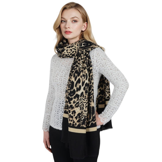 Classic Leopard Print Scarf Contrasting Stripes Lightweight Shawl Wrap Scarves