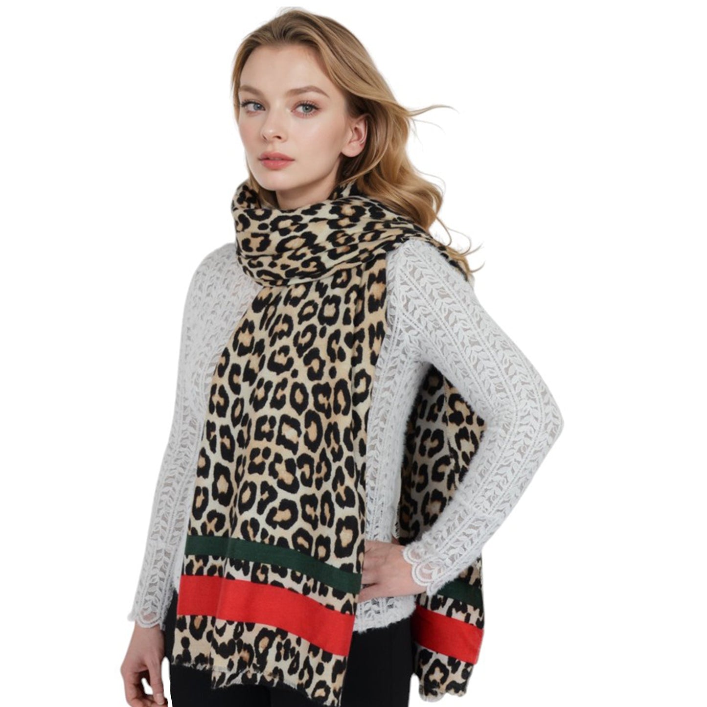 Classic Leopard Print Scarf Contrasting Stripes Lightweight Shawl Wrap Scarves