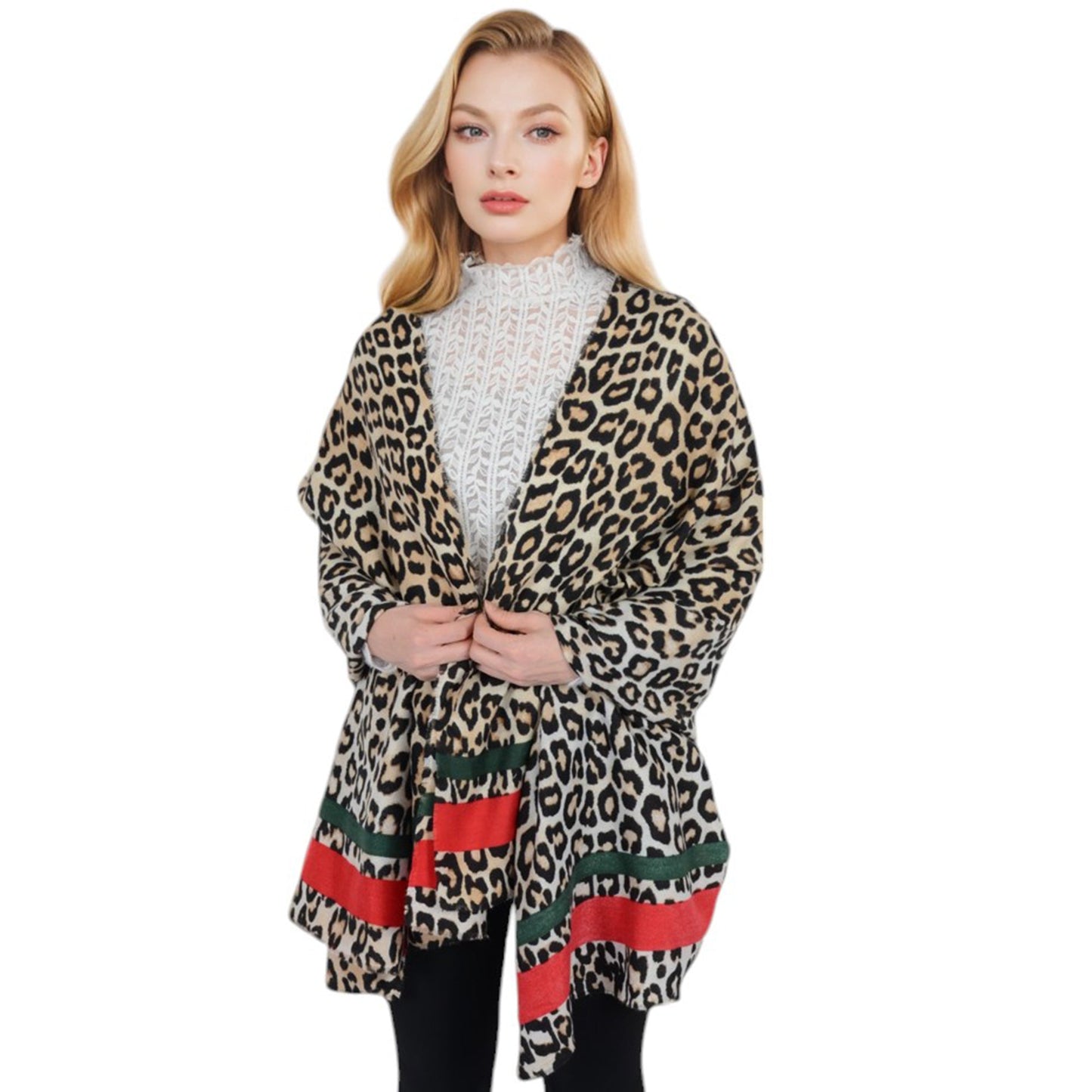 Classic Leopard Print Scarf Contrasting Stripes Lightweight Shawl Wrap Scarves