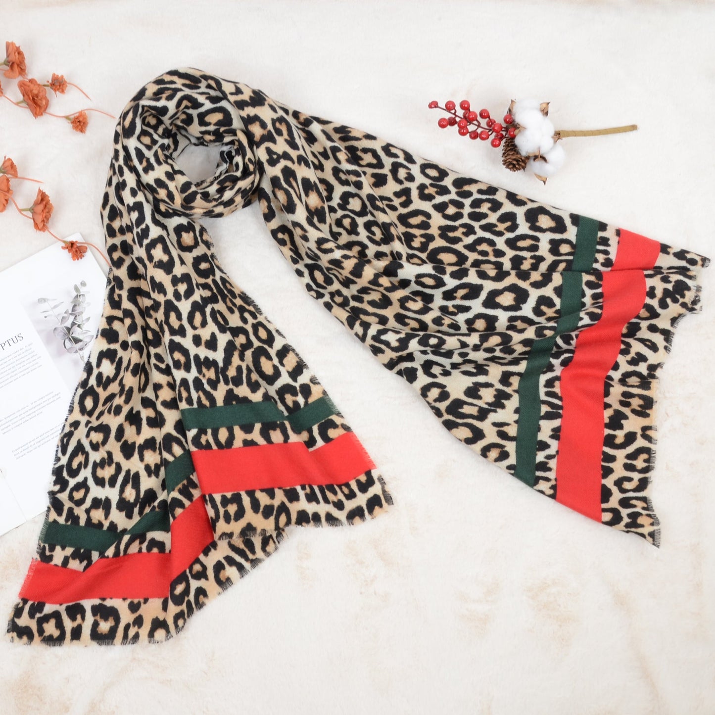 Classic Leopard Print Scarf Contrasting Stripes Lightweight Shawl Wrap Scarves