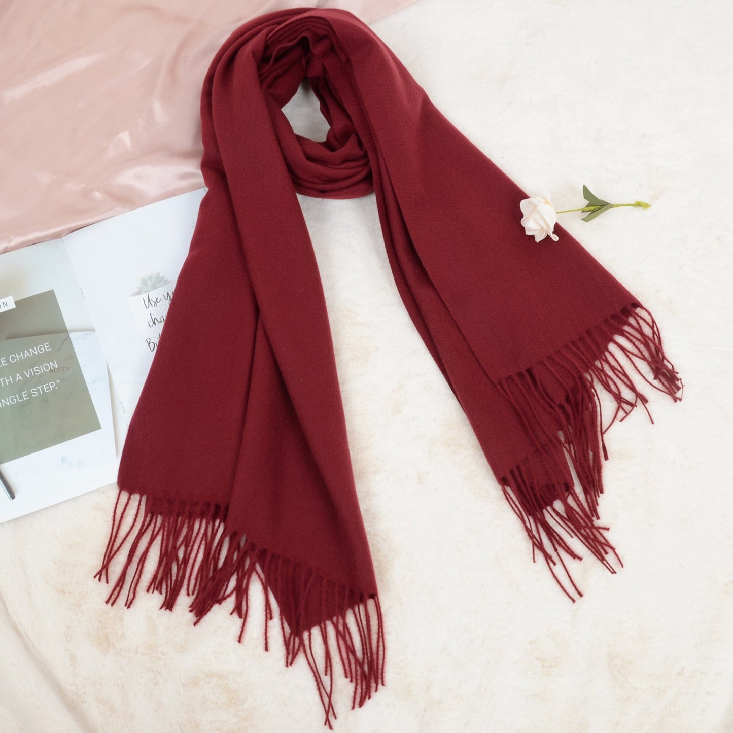 Winter Cashmere Feel Scarf Solid Color Classic Fringe Shawls Wrap Scarves for Evening Dresses