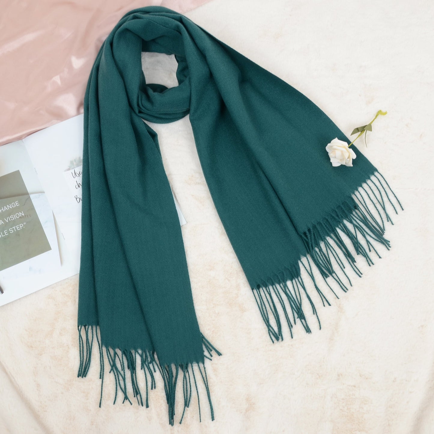 Winter Cashmere Feel Scarf Solid Color Classic Fringe Shawls Wrap Scarves for Evening Dresses