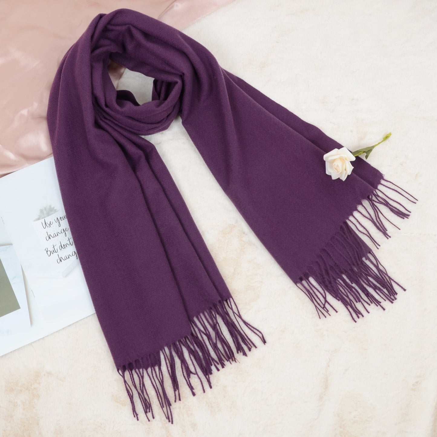 Winter Cashmere Feel Scarf Solid Color Classic Fringe Shawls Wrap Scarves for Evening Dresses