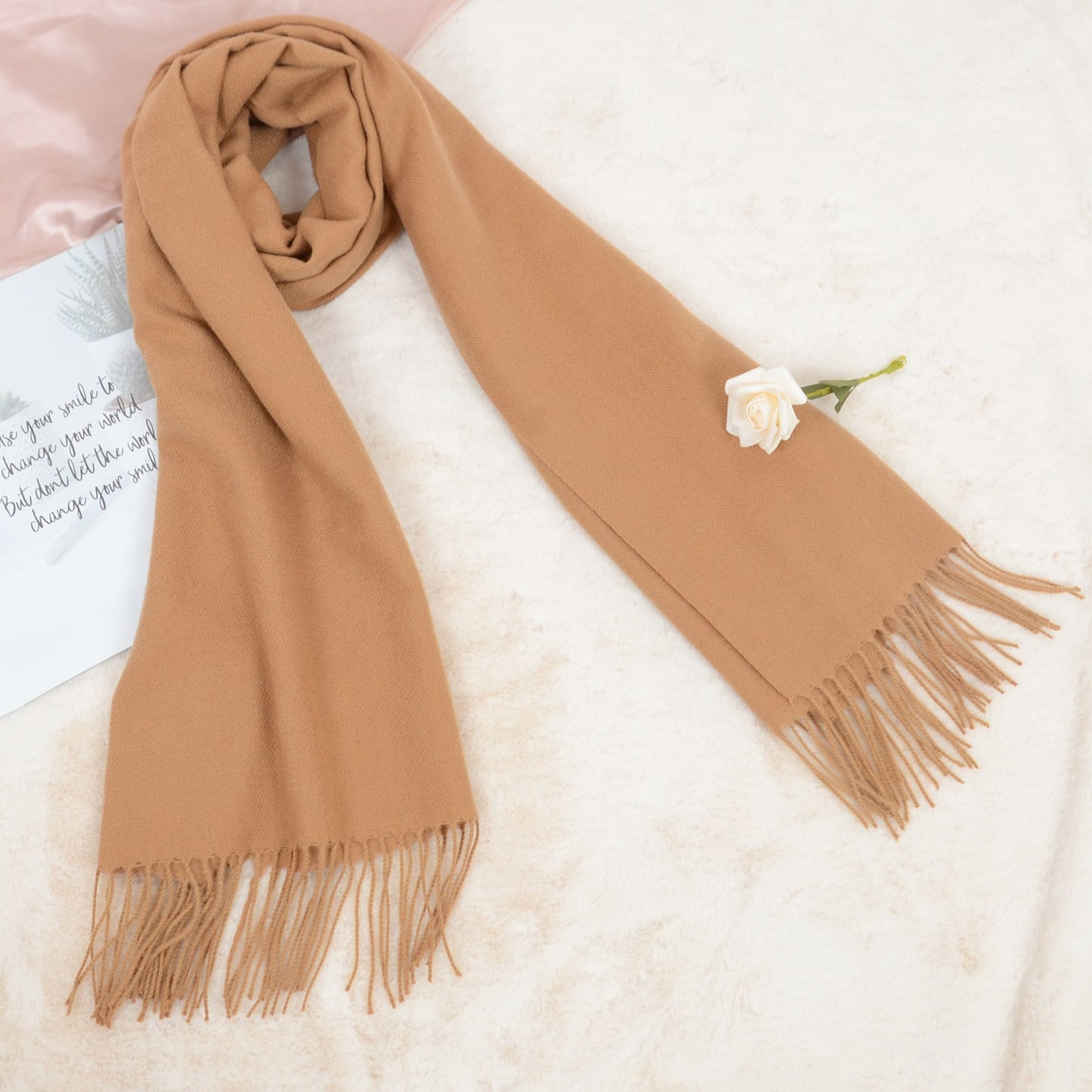 Winter Cashmere Feel Scarf Solid Color Classic Fringe Shawls Wrap Scarves for Evening Dresses