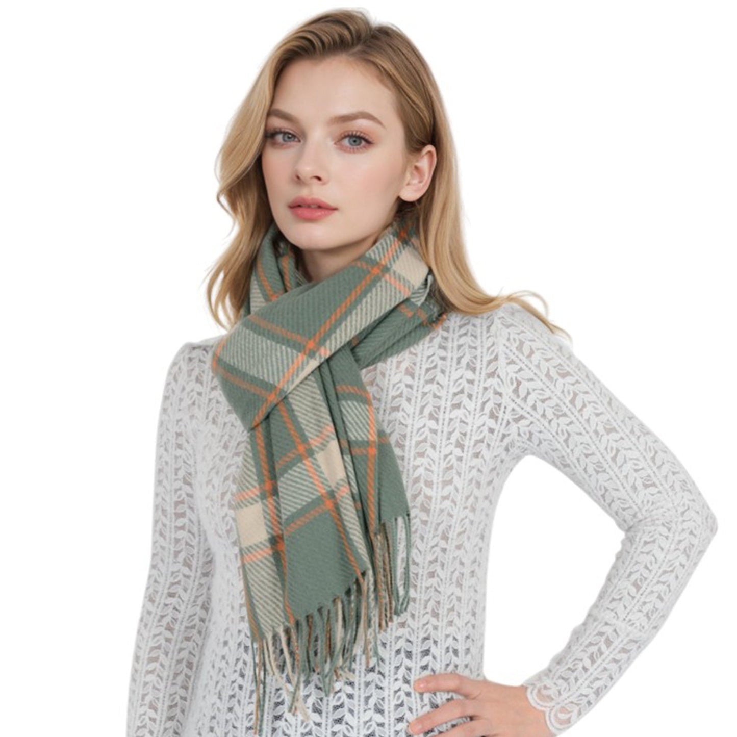Classic Plaid Winter Scarf Cashmere Feel Checked Fringe Wrap Shawls for Women