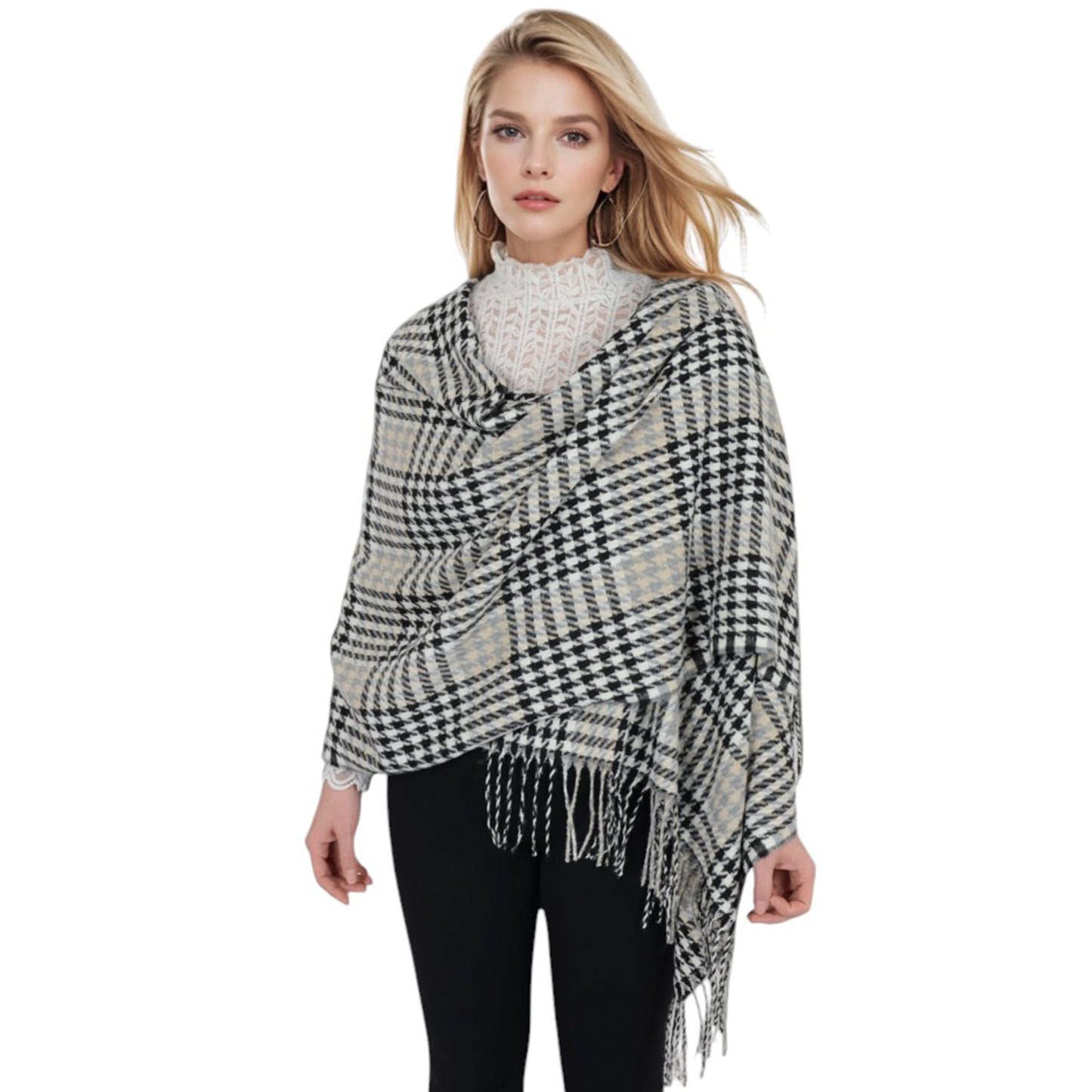 Houndstooth Plaid Winter Scarf Soft Fringe Oversized Wrap Shawls