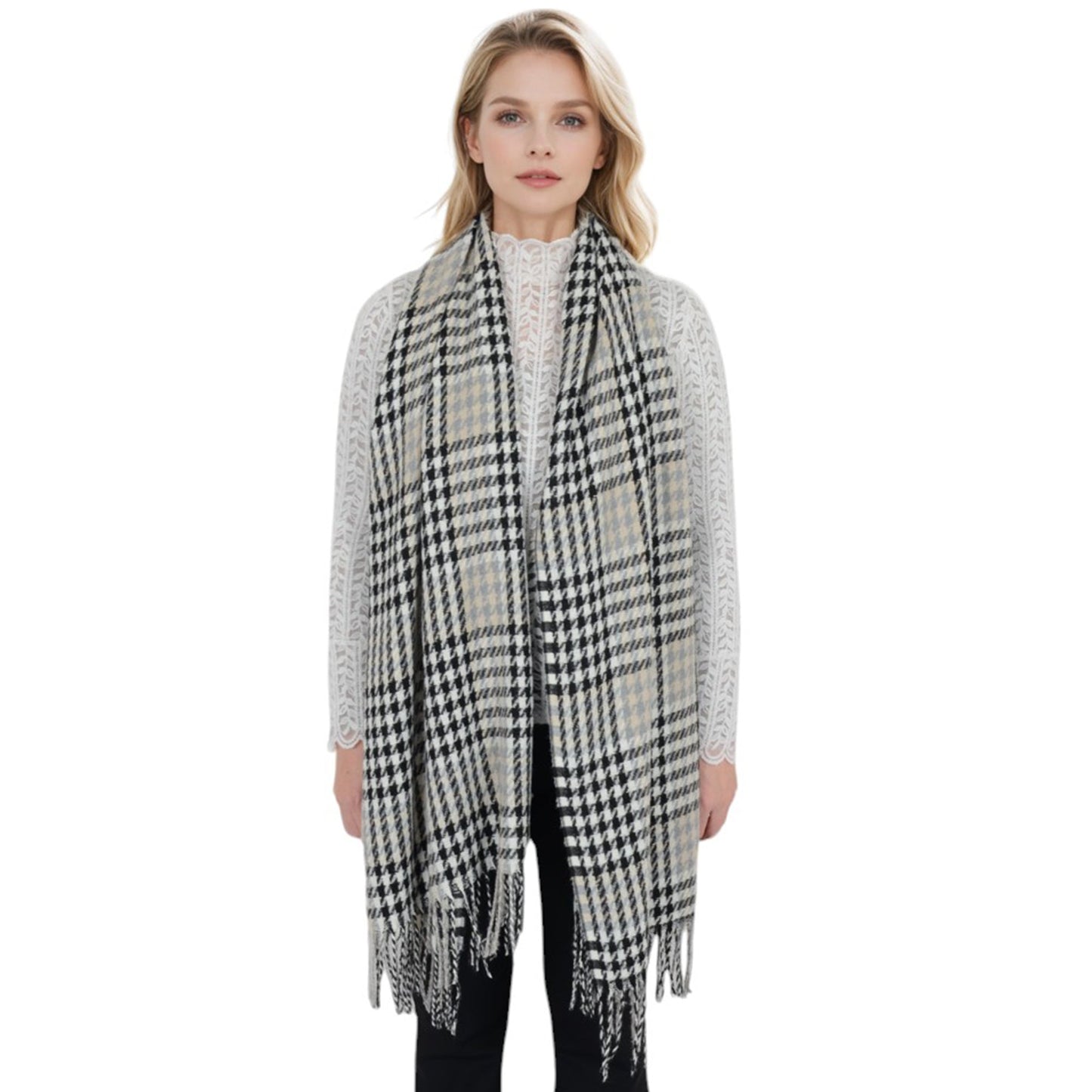 Houndstooth Plaid Winter Scarf Soft Fringe Oversized Wrap Shawls