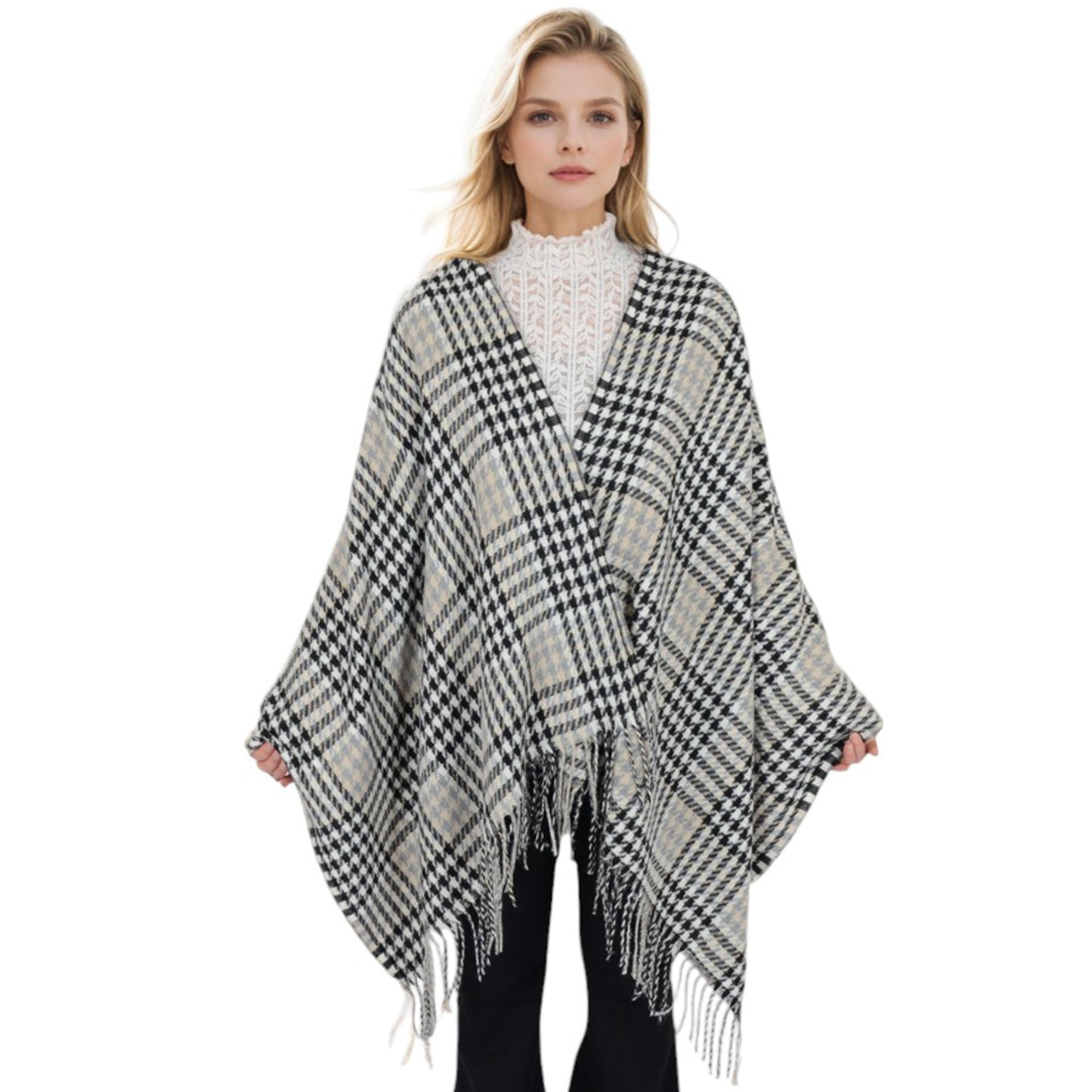 Houndstooth Plaid Winter Scarf Soft Fringe Oversized Wrap Shawls