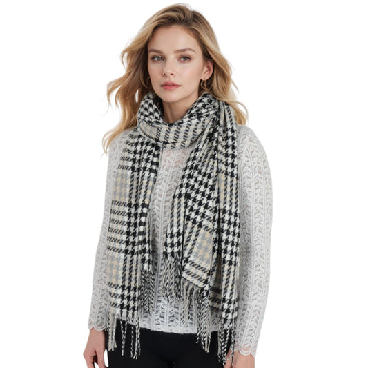 Houndstooth Plaid Winter Scarf Soft Fringe Oversized Wrap Shawls