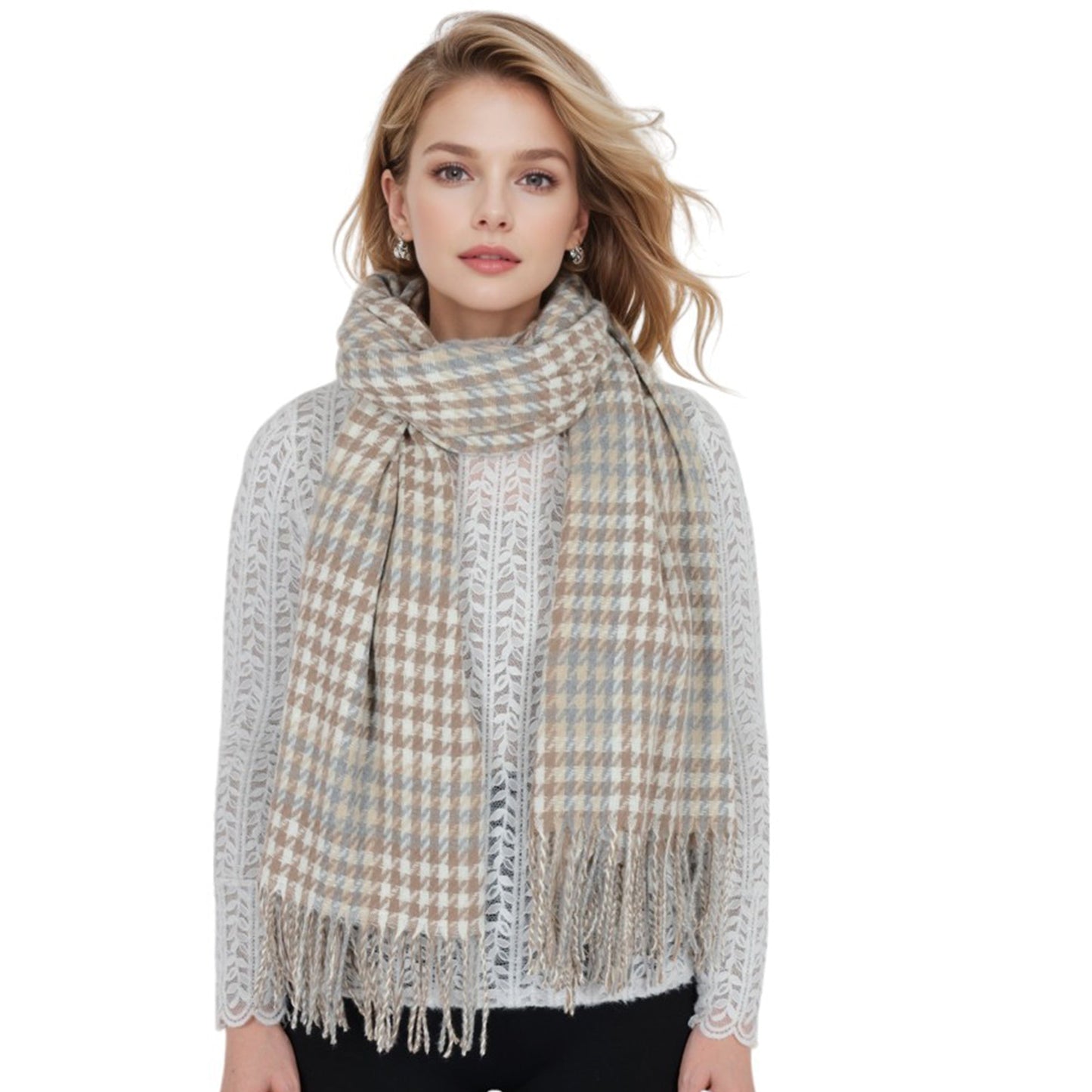 Houndstooth Plaid Winter Scarf Soft Fringe Oversized Wrap Shawls