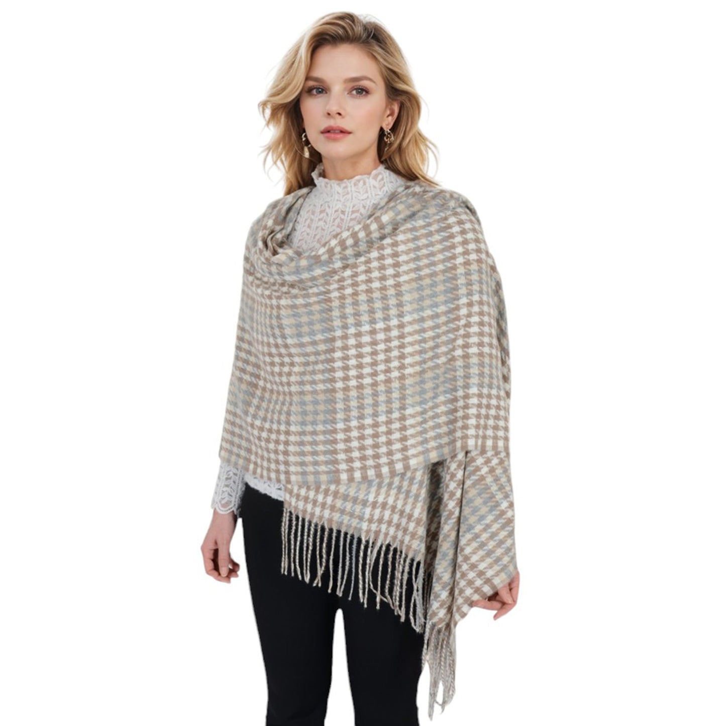 Houndstooth Plaid Winter Scarf Soft Fringe Oversized Wrap Shawls