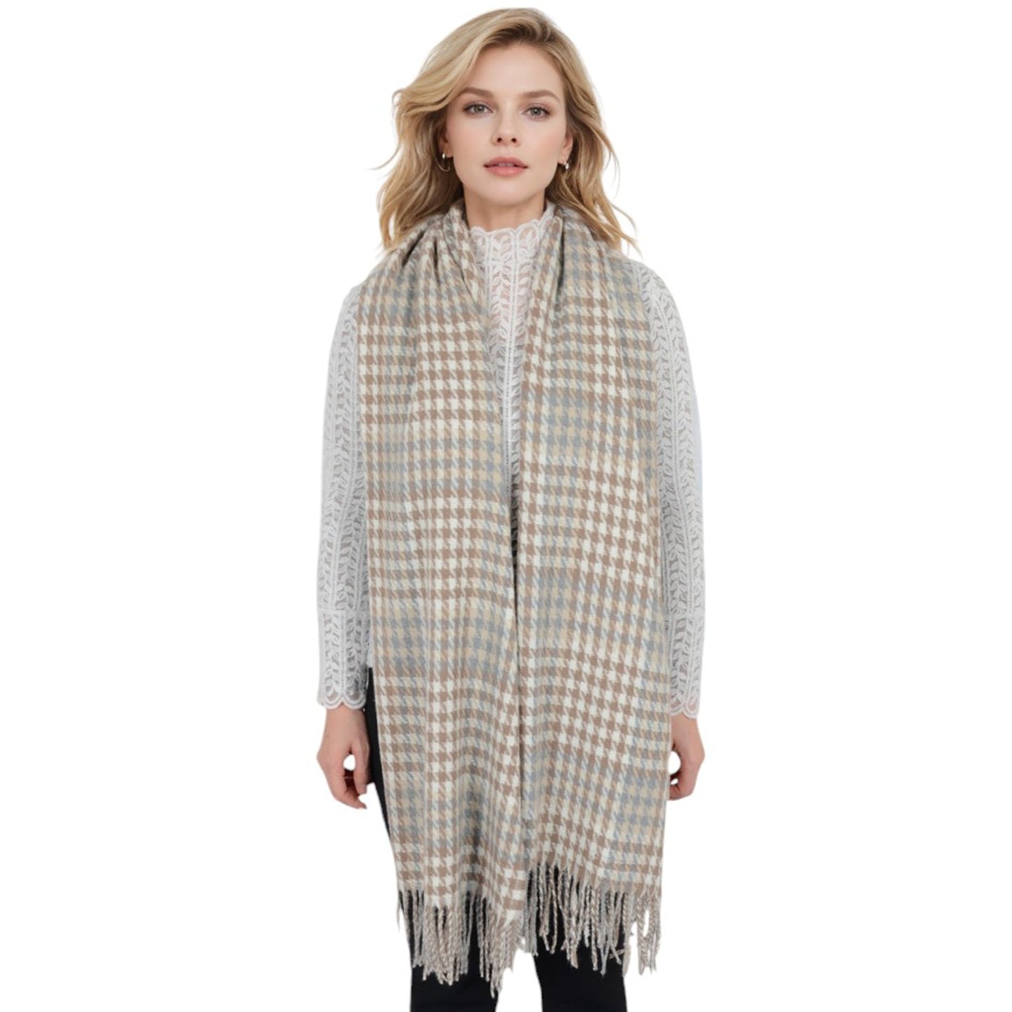 Houndstooth Plaid Winter Scarf Soft Fringe Oversized Wrap Shawls